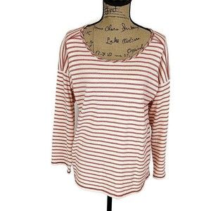 Madewell Womens sz S Top Orange White Stripe 3/4 Sleeve Drop Shoulder Scoop Neck